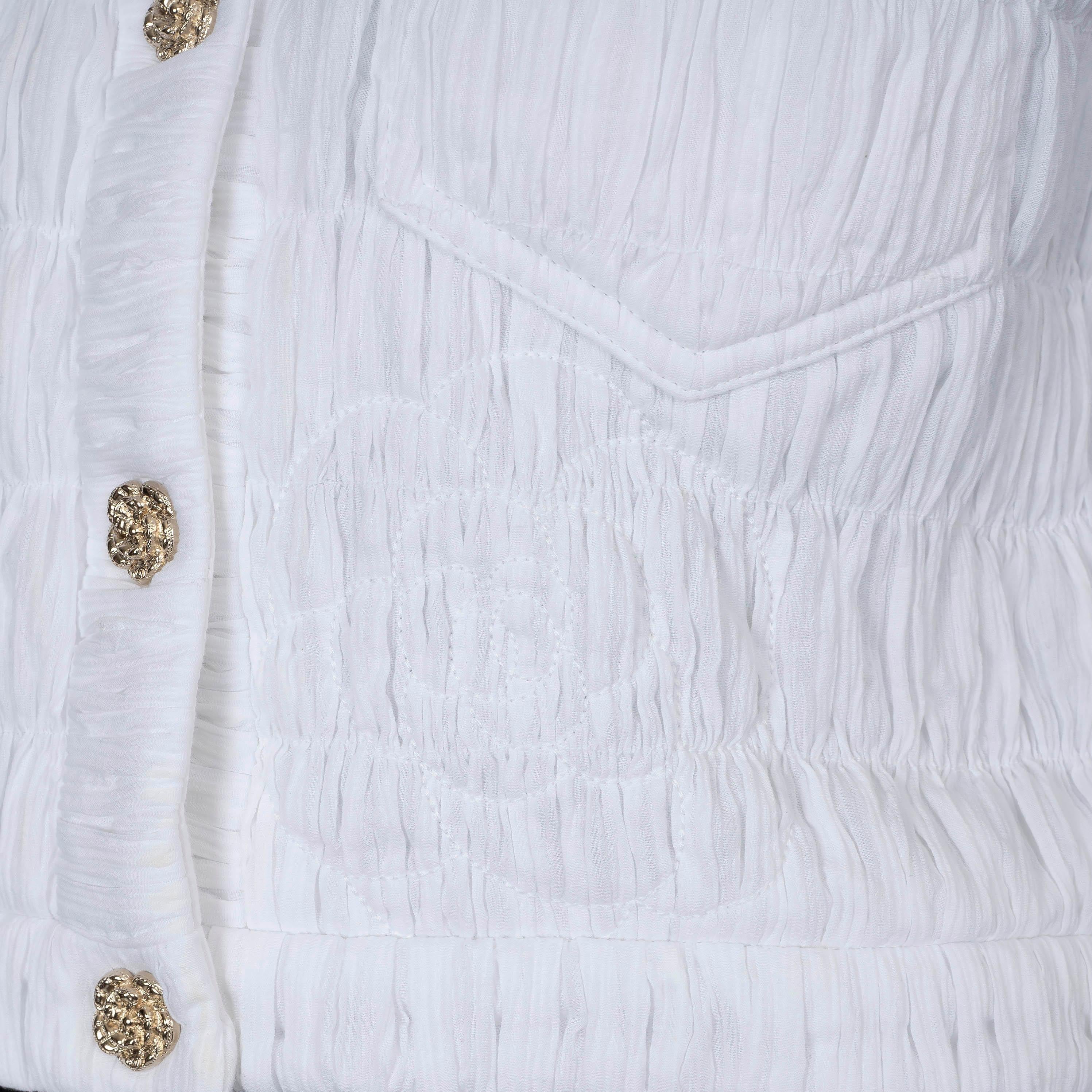 CHANEL white cotton 20P CAMELLIA QUILTED BOMBER Vest Jacket 36 XS For Sale 2