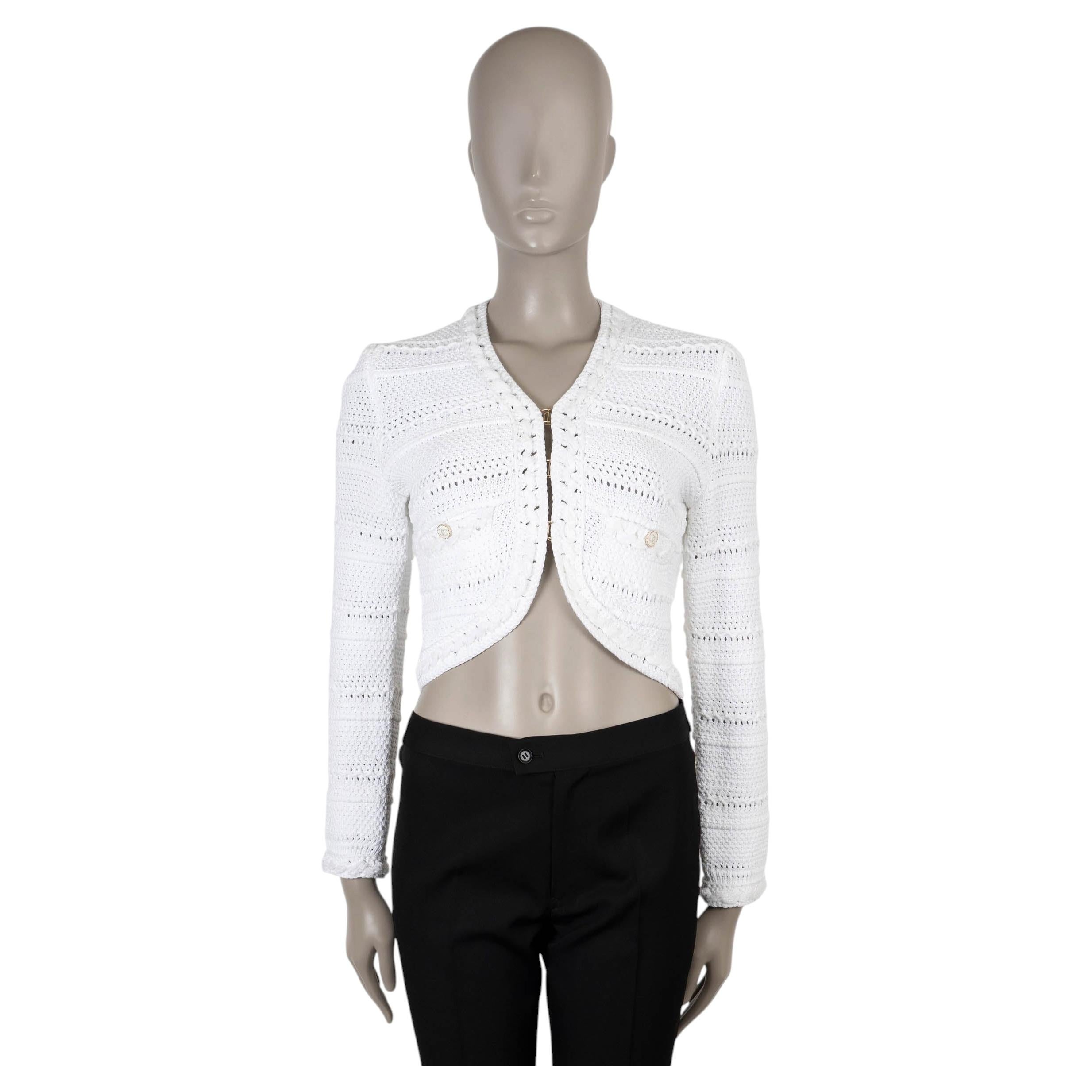 CHANEL weißer Baumwoll-Cardigan aus grobem Strick, 21P, kurz geschnitten, Größe 36 XS