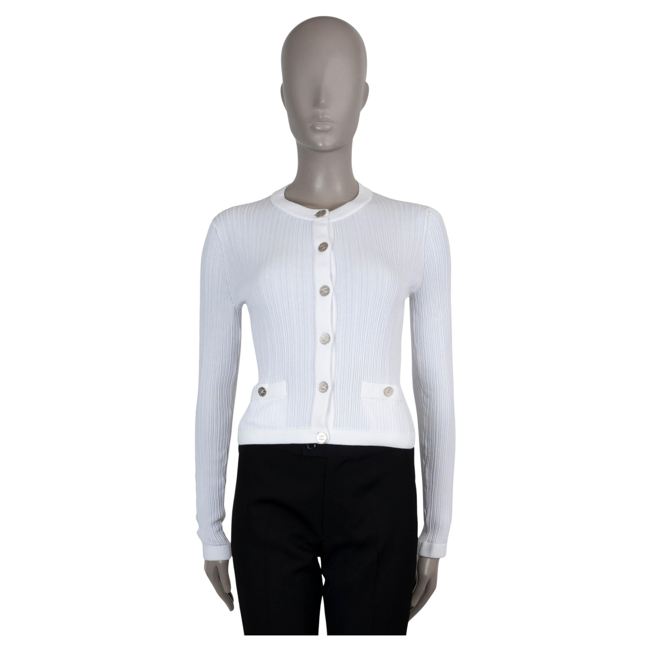 CHANEL white cotton 21P FLORAL JACQUARD SLEEVE Cardigan Sweater 38 S