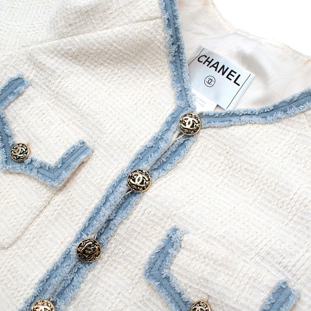 Women's or Men's Chanel White Cotton Blend Tweed Denim Trimmed Jacket - Size US 10