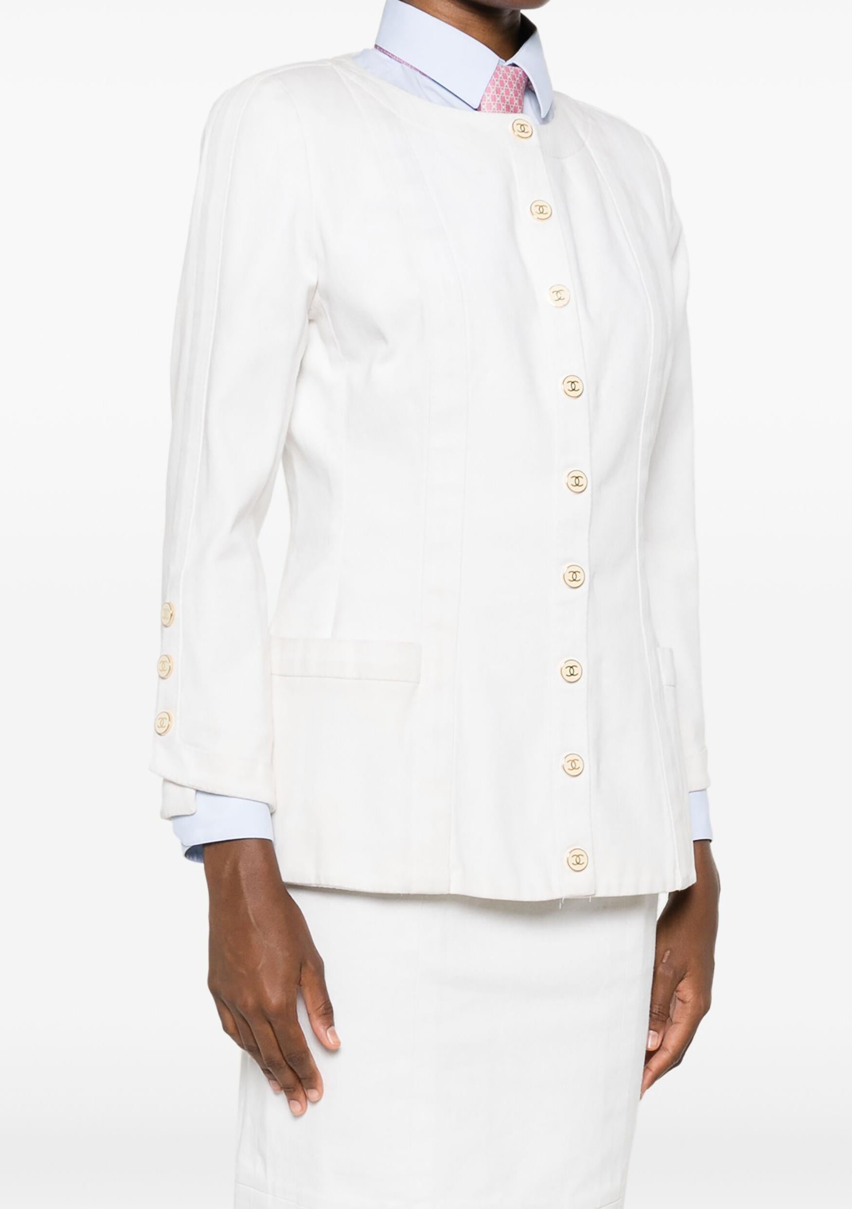 Gray Chanel White Cotton Button Jacket For Sale
