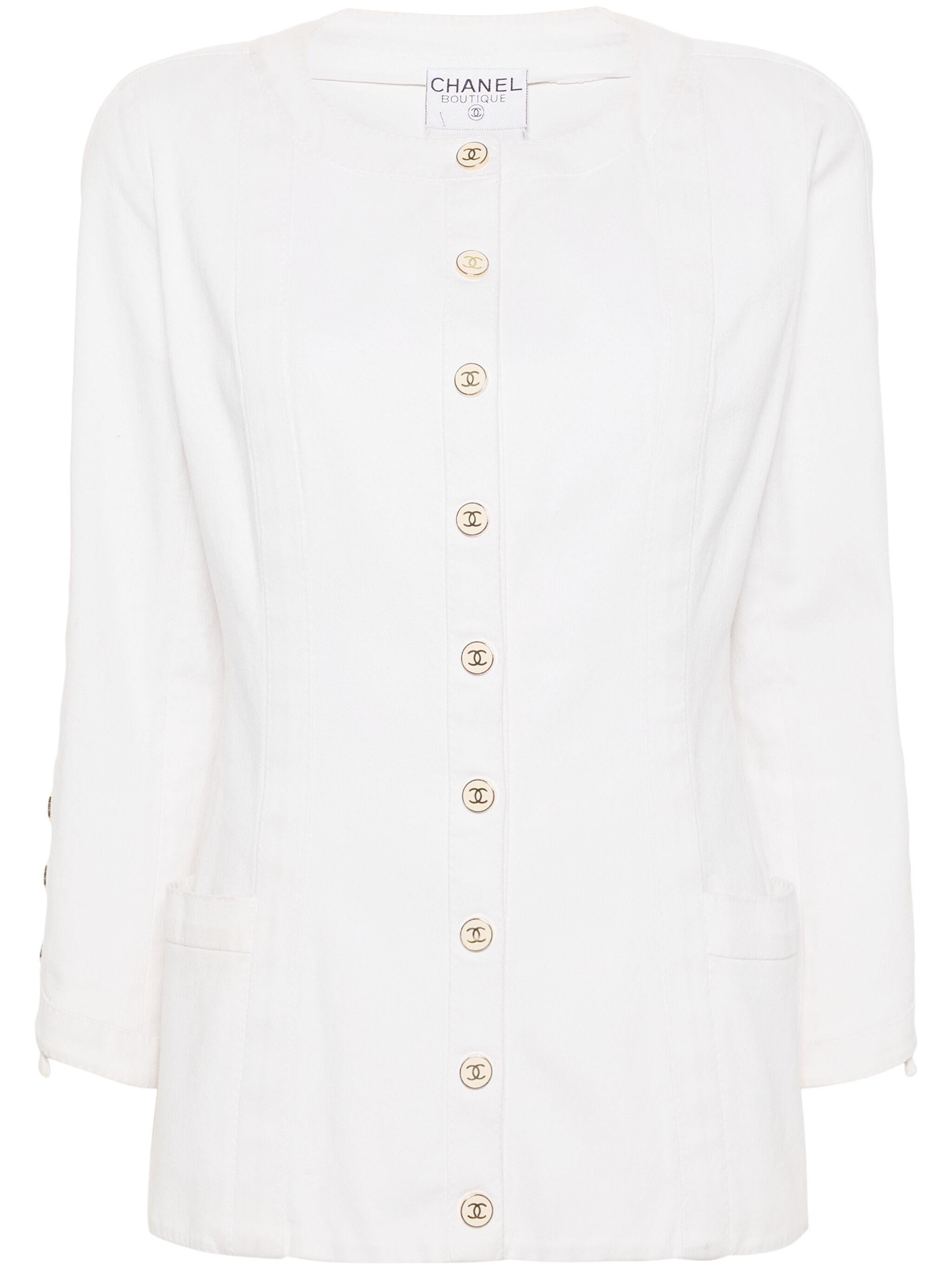 Chanel White Cotton Button Jacket For Sale 1