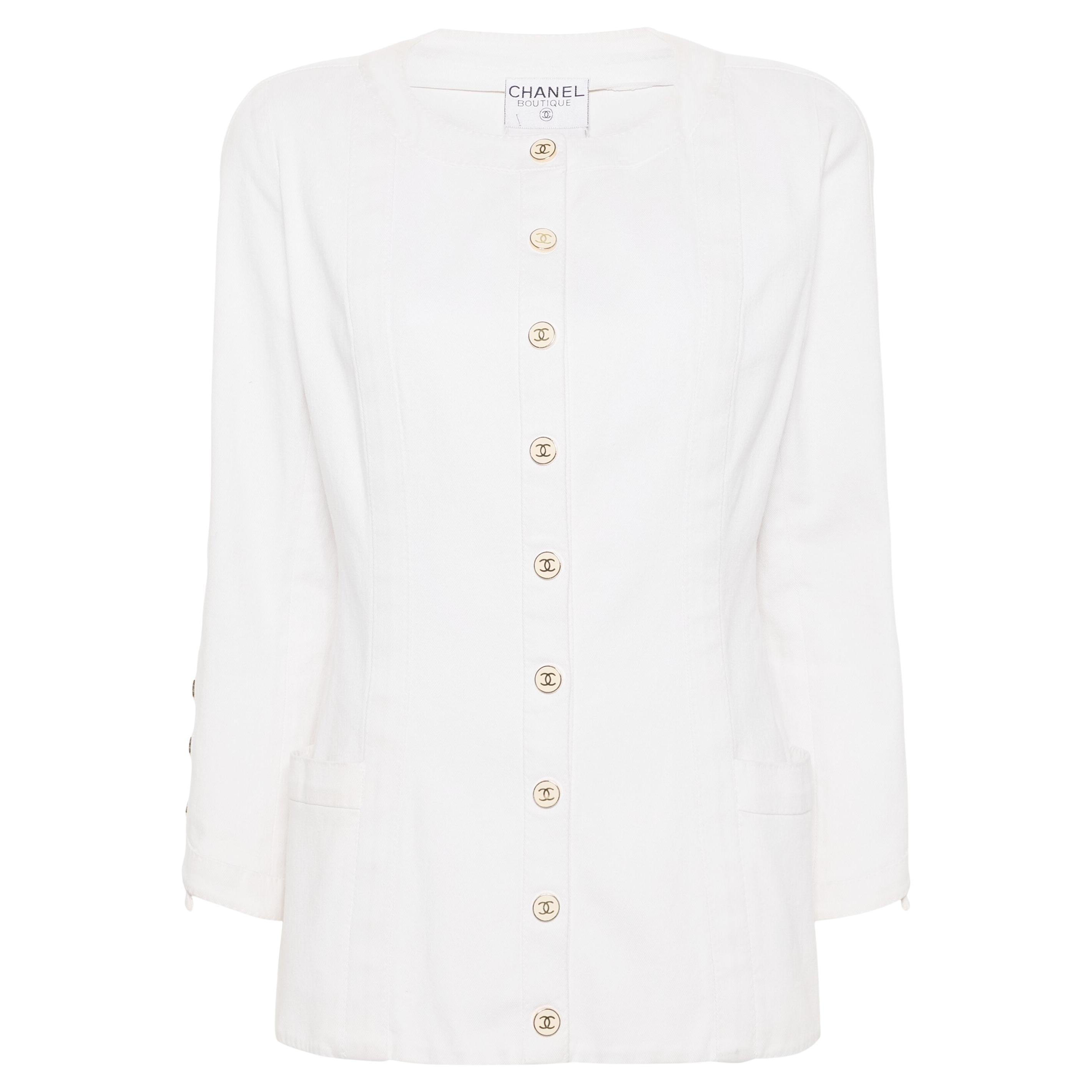 Chanel White Cotton Button Jacket For Sale