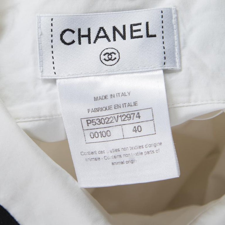 Women's Chanel White Cotton Contrast Neck Tie Detail Cropped Blouse M