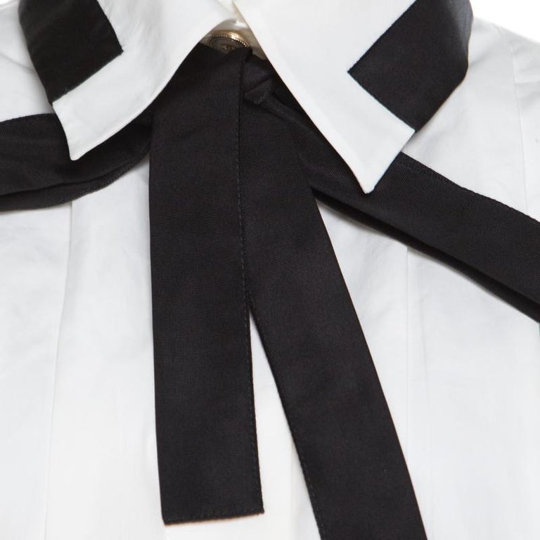 Chanel White Cotton Contrast Neck Tie Detail Cropped Blouse M 1