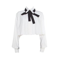 Chanel White Cotton Contrast Neck Tie Detail Cropped Blouse M For Sale ...