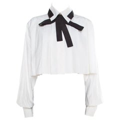 Chanel White Cotton Contrast Neck Tie Detail Cropped Blouse M