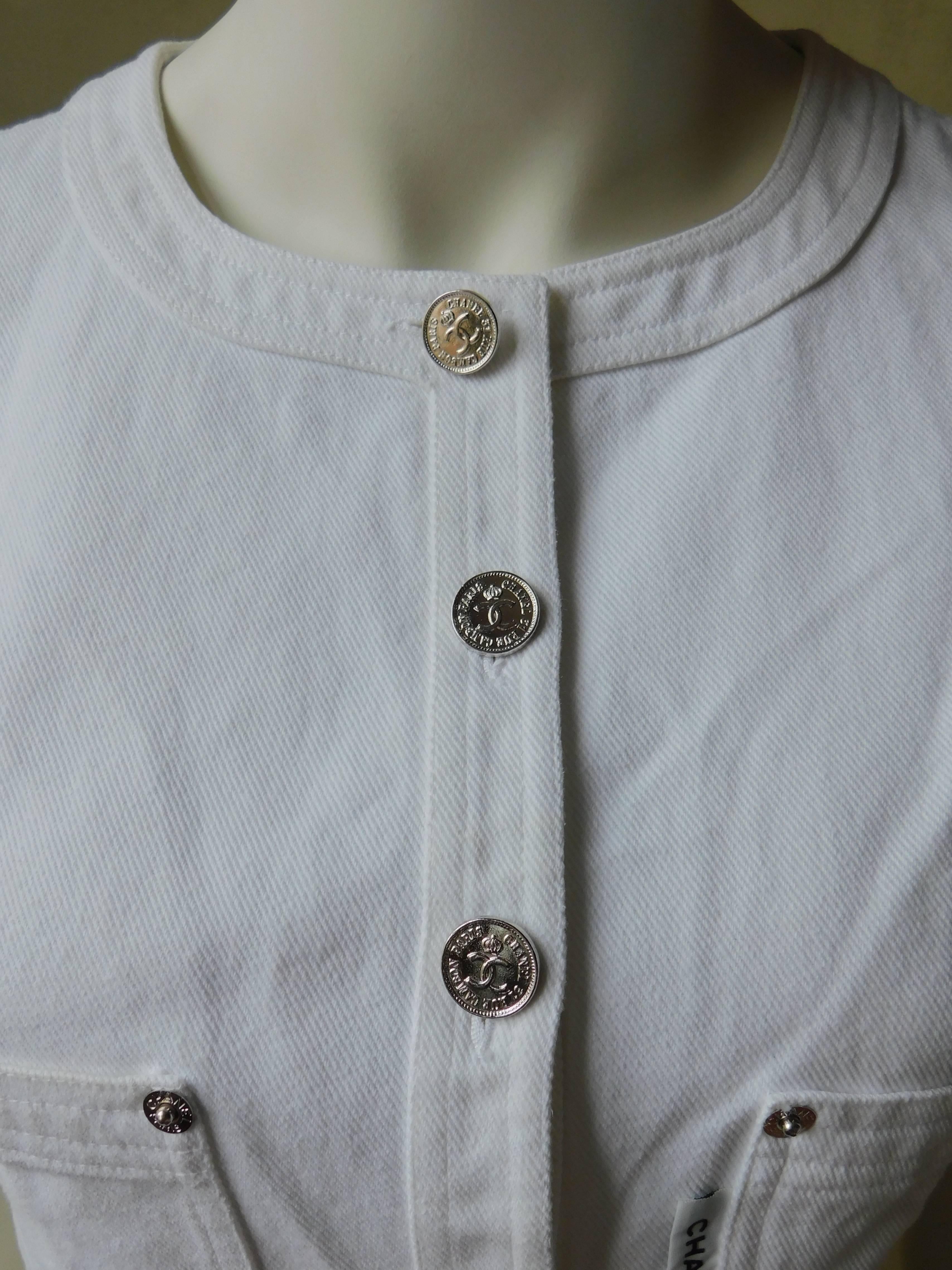 Women's Chanel White Cotton Denim Vest with Silver Buttons