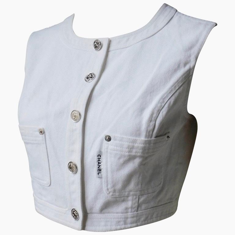Chanel White Cotton Denim Vest with Silver Buttons 4