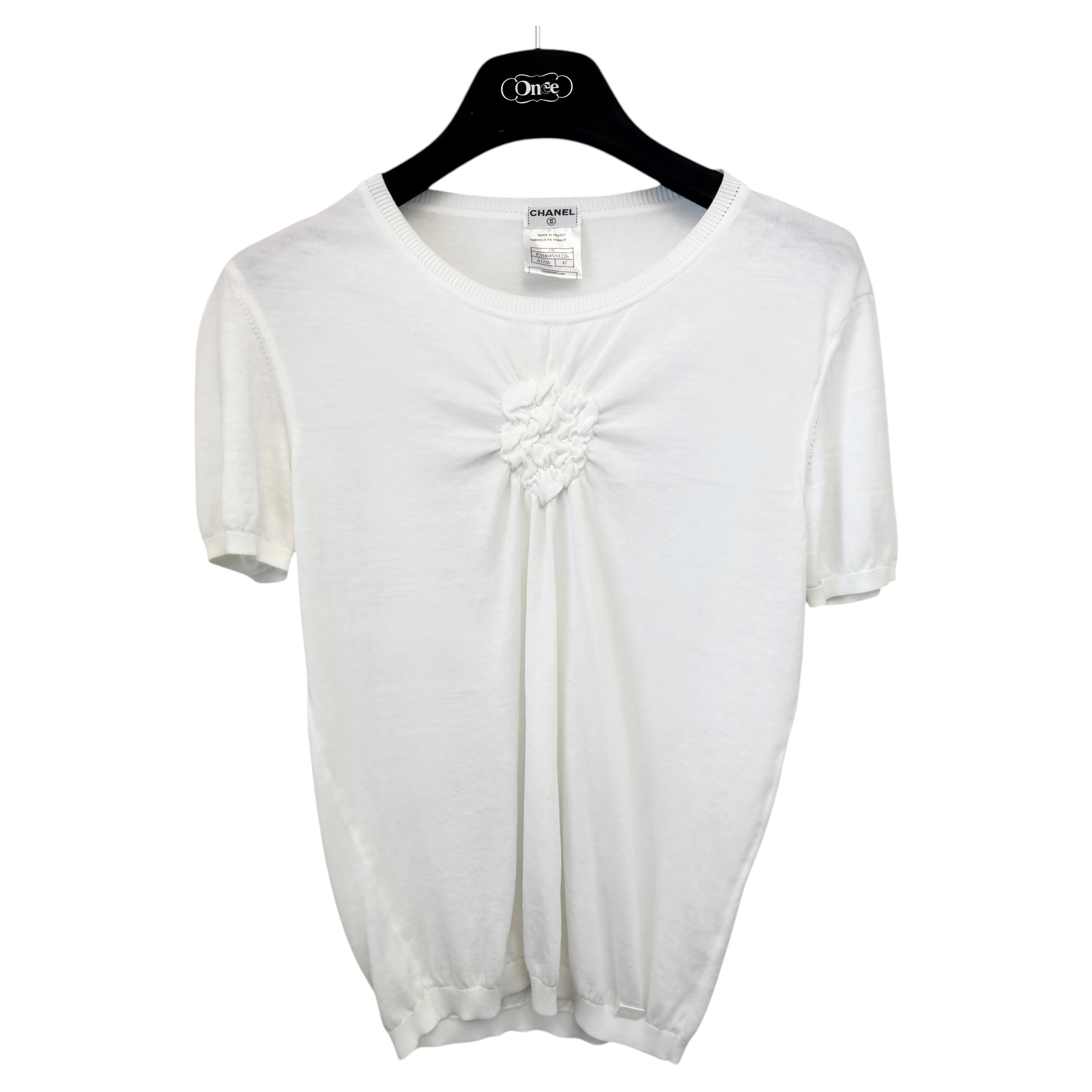 Top manches courtes en coton blanc froncé de Chanel