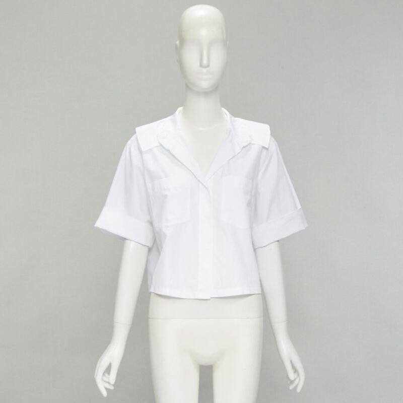 CHANEL white cotton gold pearl CC button double pocket boxy cropped shirt FR40 M 6