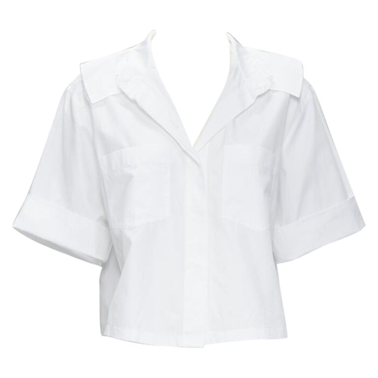 CHANEL white cotton gold pearl CC button double pocket boxy cropped shirt FR40 M