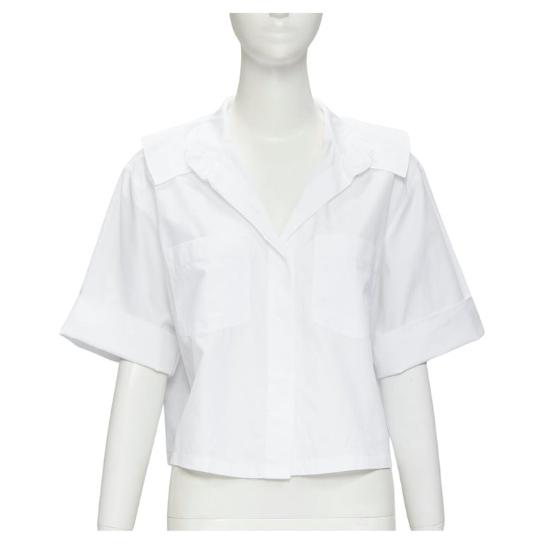 CHANEL white cotton gold pearl CC button double pocket boxy cropped shirt  FR40 M For Sale at 1stDibs