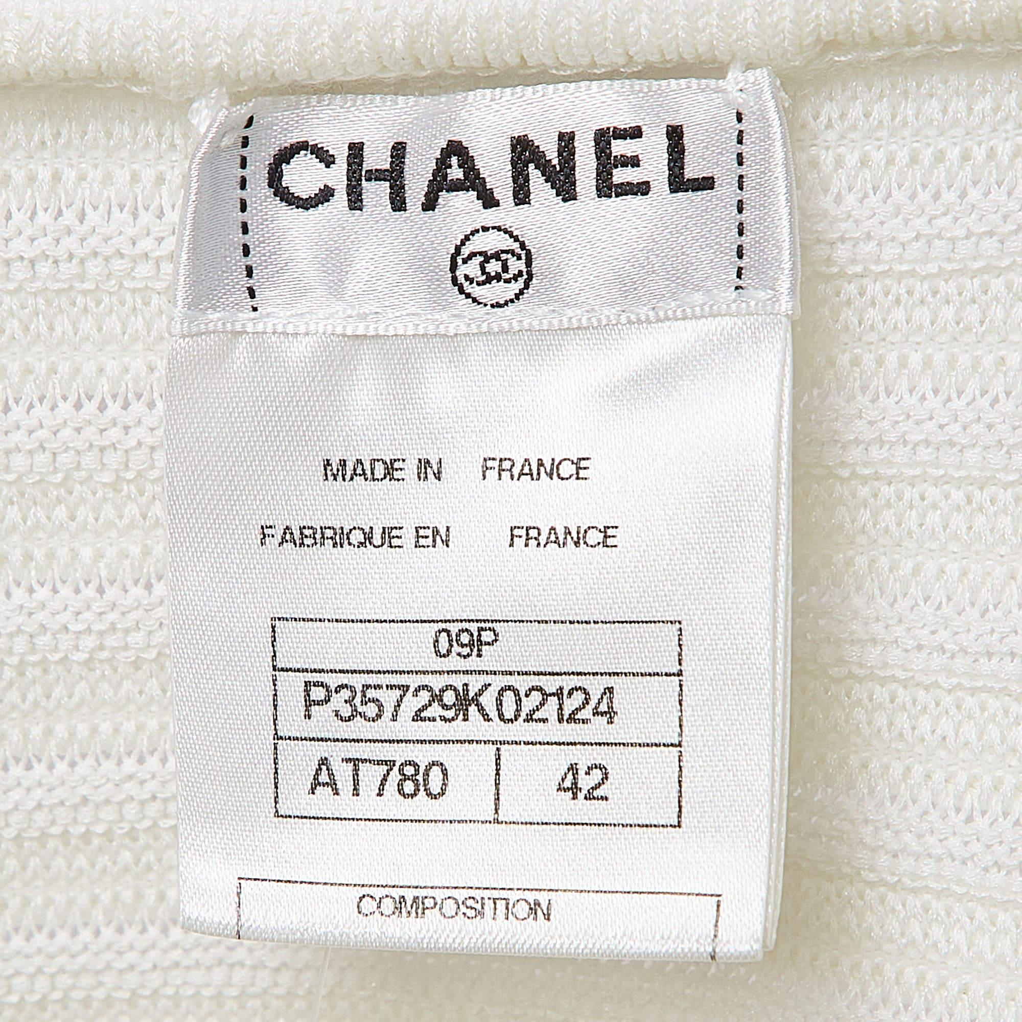 Chanel Weißes Baumwoll-Rippstrick-Midikleid mit Schulterpartie L Damen im Angebot