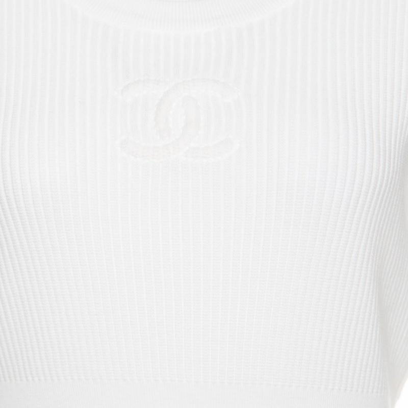 Chanel White Cotton Ribbed Knit CC Logo Detail Dress XL In Good Condition In Dubai, Al Qouz 2