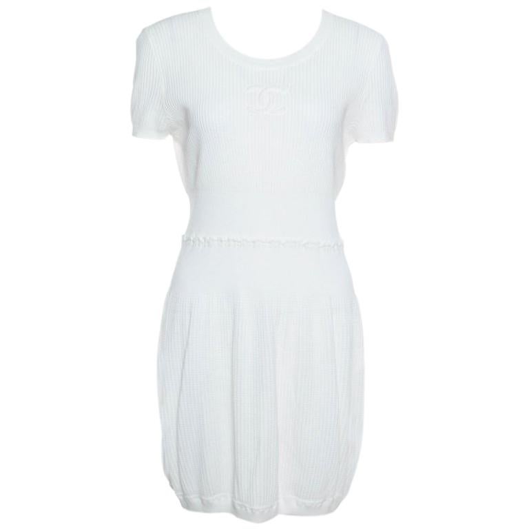 Chanel White Cotton Ribbed Knit CC Logo Detail Dress XL