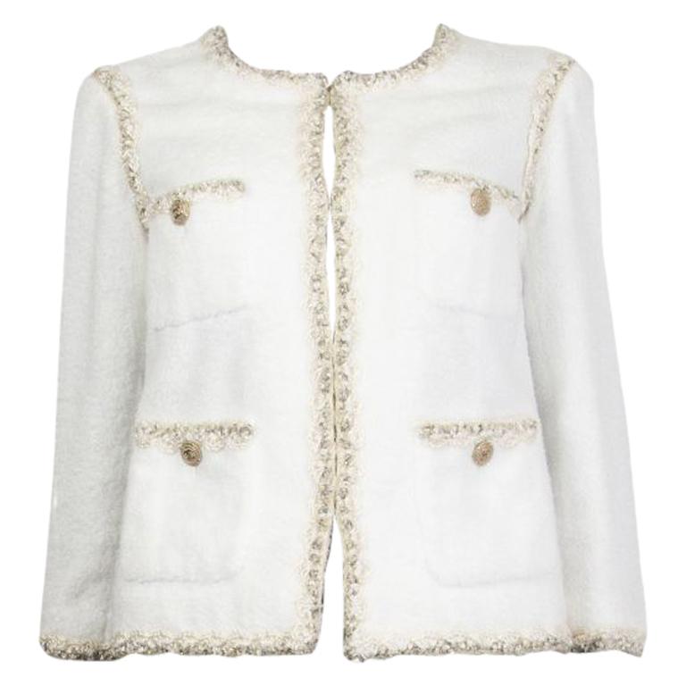 CHANEL white cotton Terry Cloth Collarless Blazer 36 XS