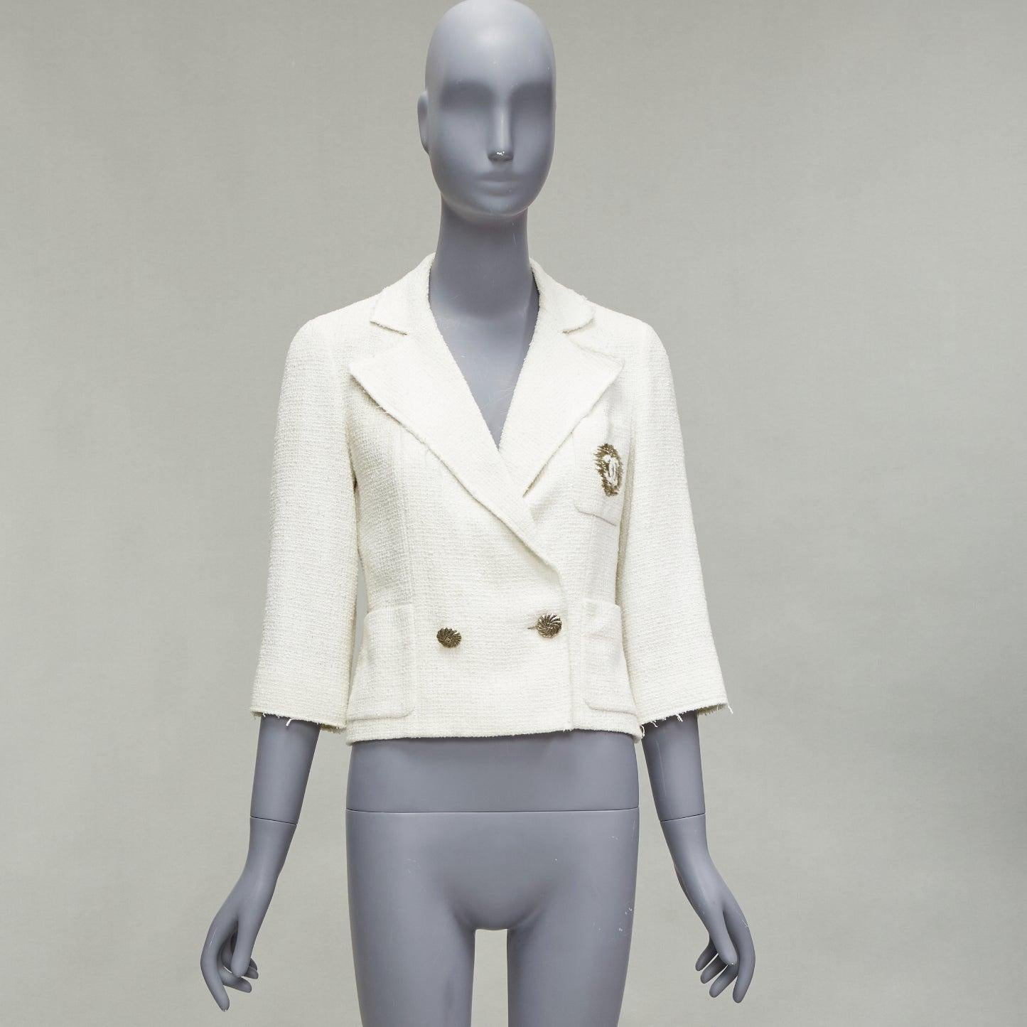 CHANEL white cotton tweed CC embroidery pocket cropped schoolboy jacket FR36 S For Sale 6