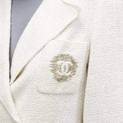 CHANEL white cotton tweed CC embroidery pocket cropped schoolboy jacket FR36 S