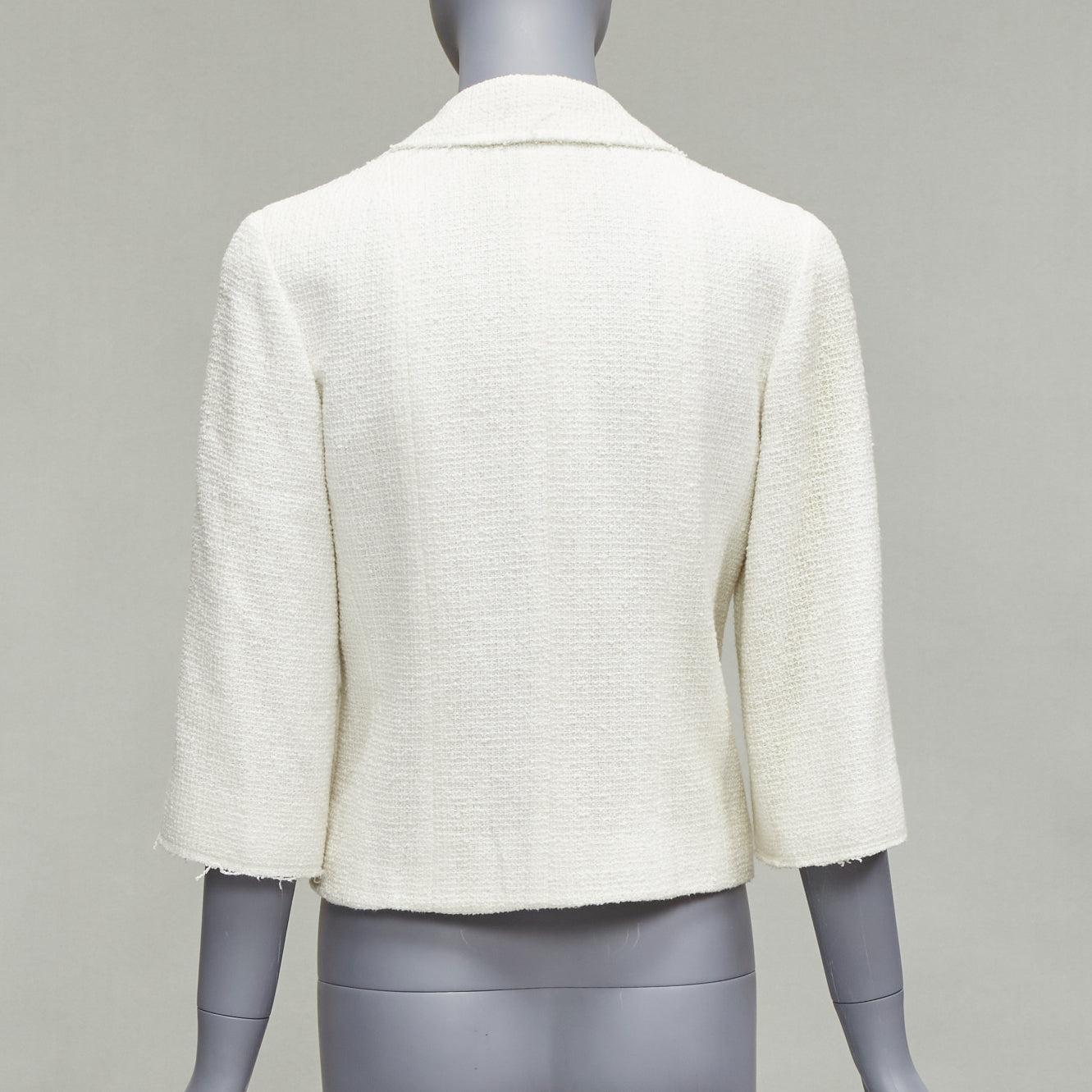 CHANEL white cotton tweed CC embroidery pocket cropped schoolboy jacket FR36 S For Sale 2