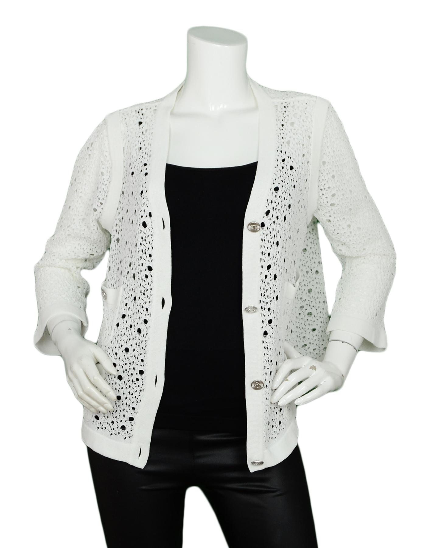 Chanel White Crochet Button down Jacket w/ 4 Pockets & 8 Silvertone Buttons sz Large

Color: White
Opening/Closure: Front Buttons
Overall Condition: Excellent pre-owned condition, MISSING tag & material information

Tag Size: Large *Please refer to