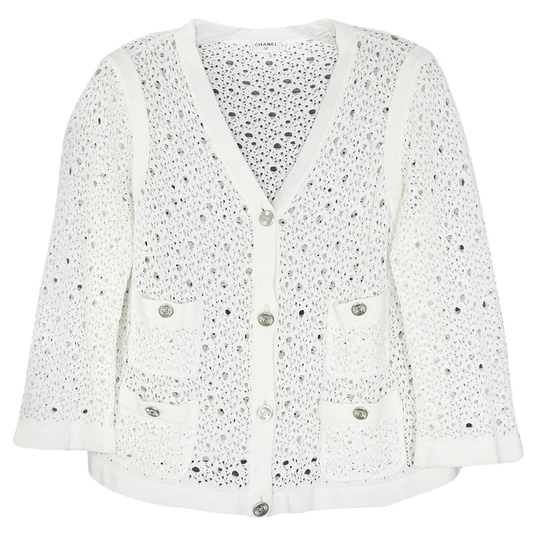 Chanel White Crochet Button down Jacket w/ 4 Pockets sz L