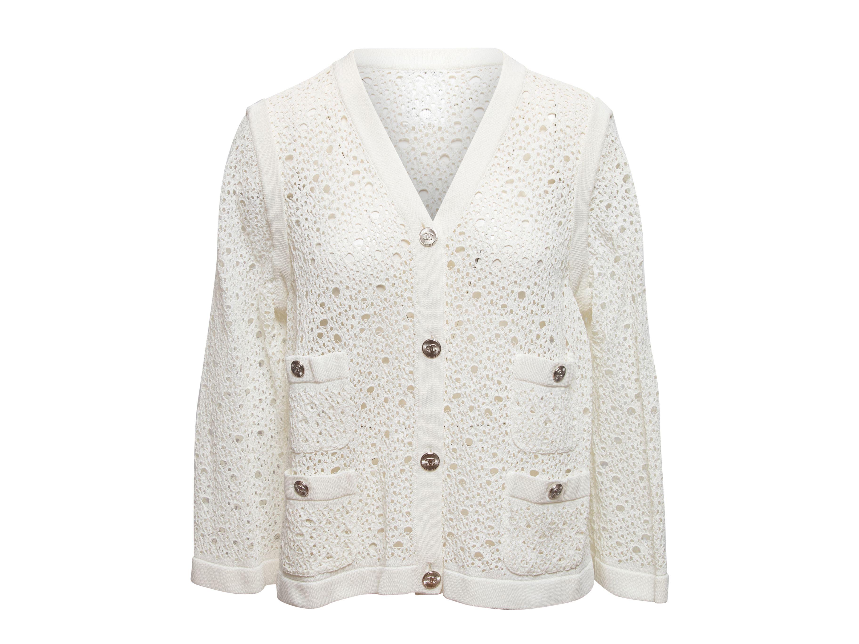 Chanel White Crochet Button-Up Cardigan 1