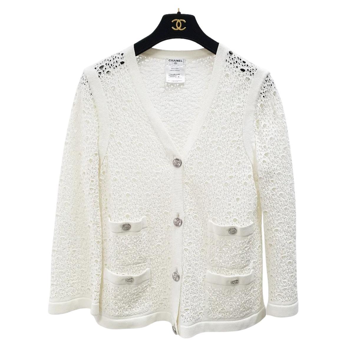 Chanel White Crochet Cotton Cardigan Button-Up Sz. 44