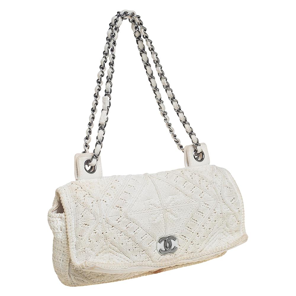 Gray Chanel White Crochet Fabric Classic Flap Bag