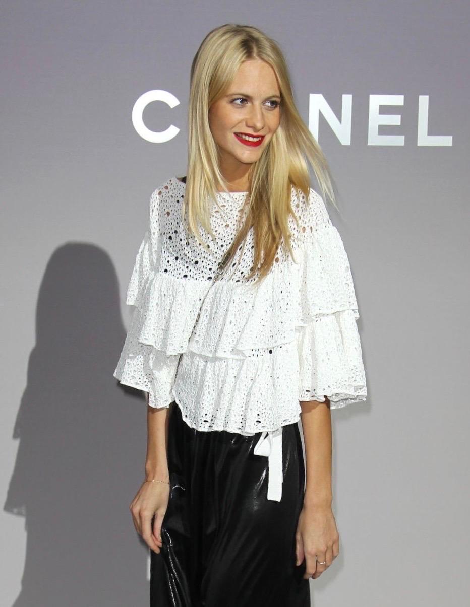 CHANEL White Crochet Knit Carmen Style Cold Shoulers Blouse Top as seen on Poppy For Sale 2