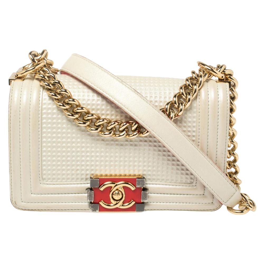 Chanel White Cube Embossed Shimmer Leather Small Chain Boy Flap Bag