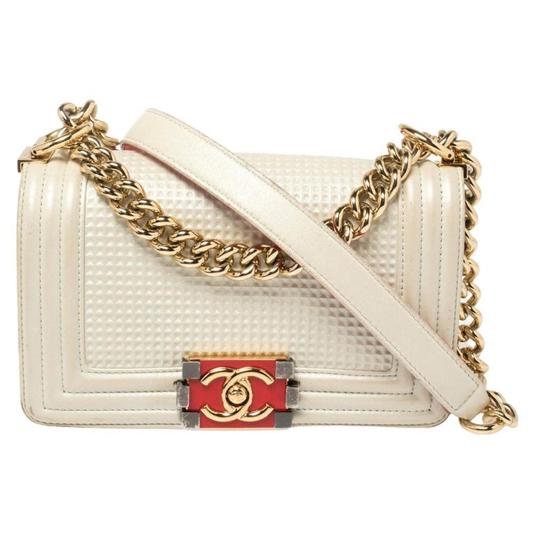 Chanel White Cube Embossed Shimmer Leather Small Chain Boy Flap Bag at ...