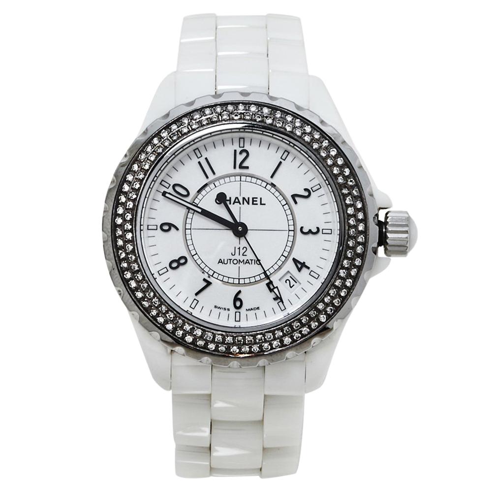 Chanel White Diamonds Ceramic J12 Automatic Women's Wristwatch 39MM