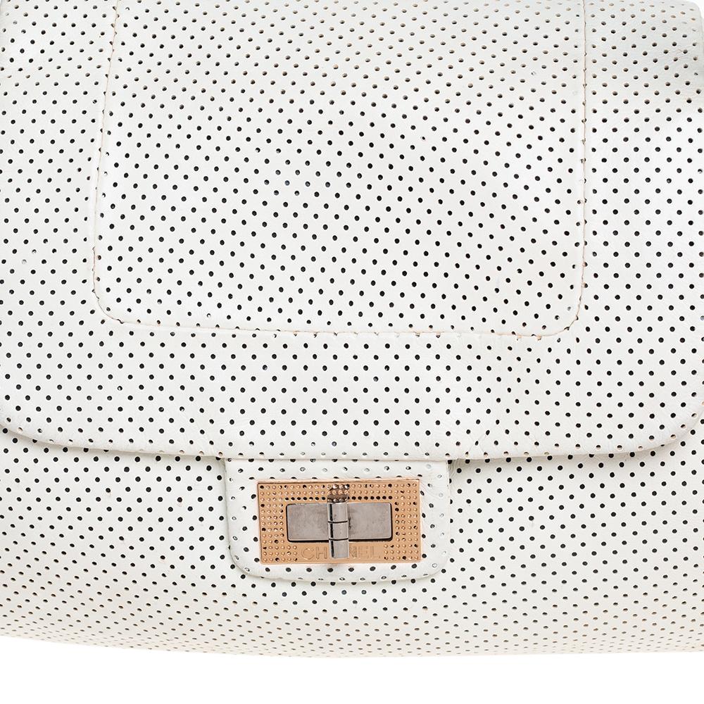 Chanel White Drill Perforated Leather Large Classic Flap Accordion Bag 3