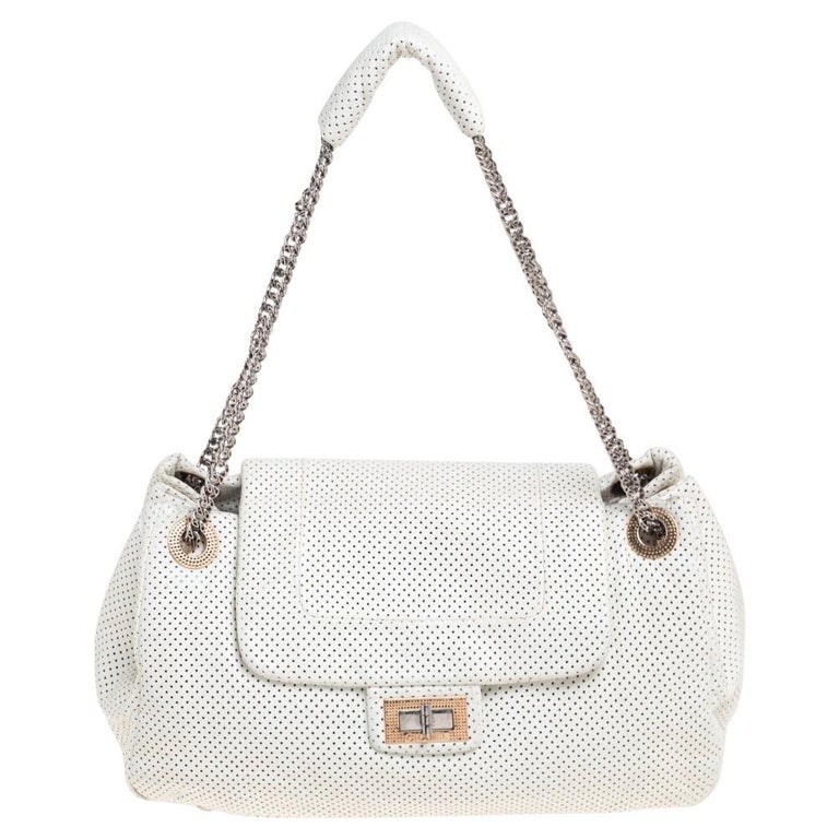 Chanel White Drill Perforated Leather Large Classic Flap Accordion Bag