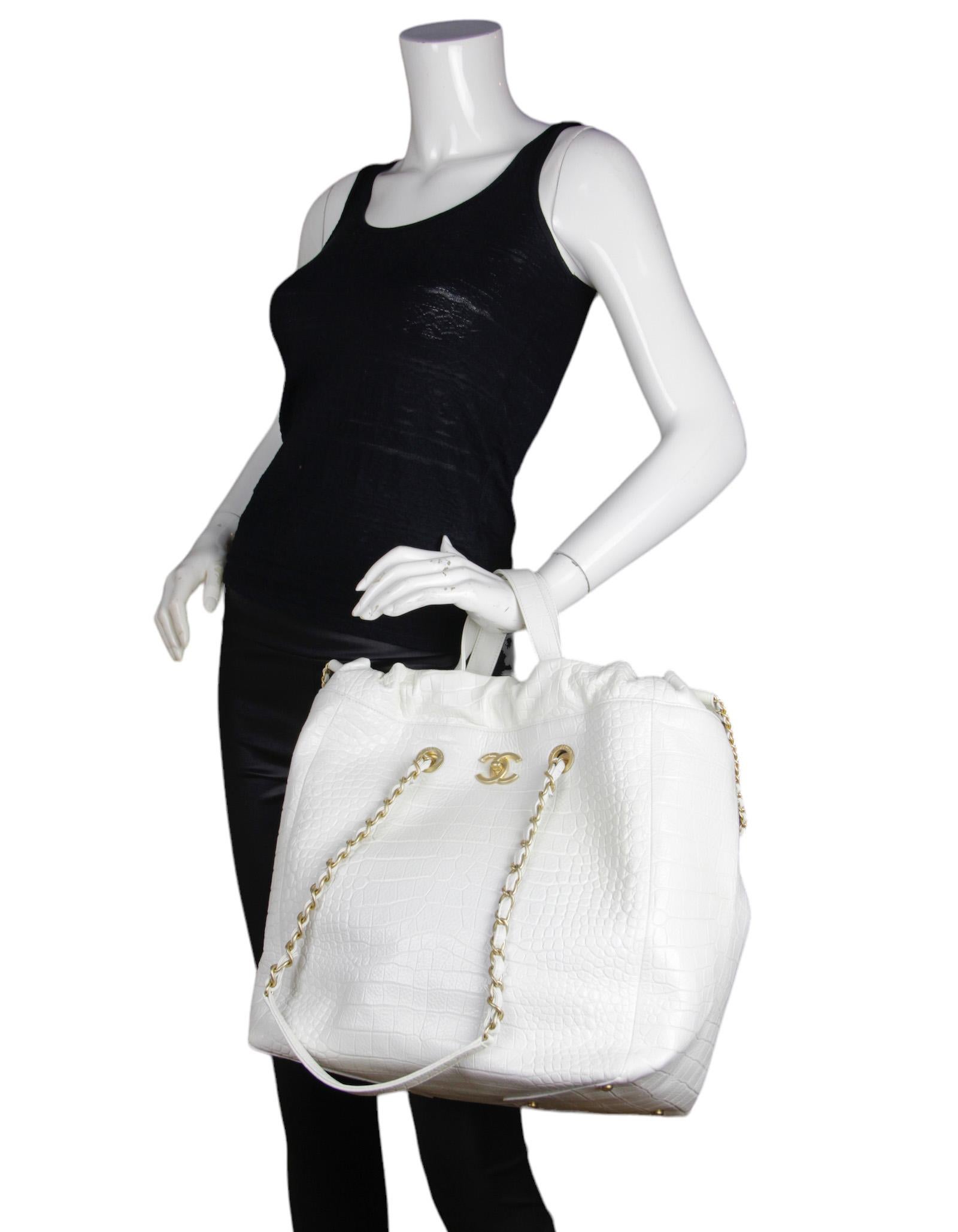Women's Chanel White Embossed Crocodile Paris-New York Large Coco Tote Bag