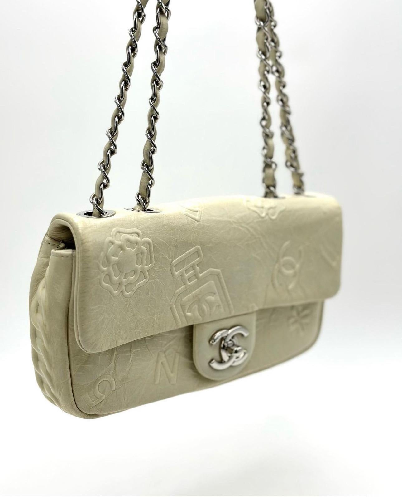 Chanel White Embossed Leather Precious Symbols Small Flap Bag For Sale 11