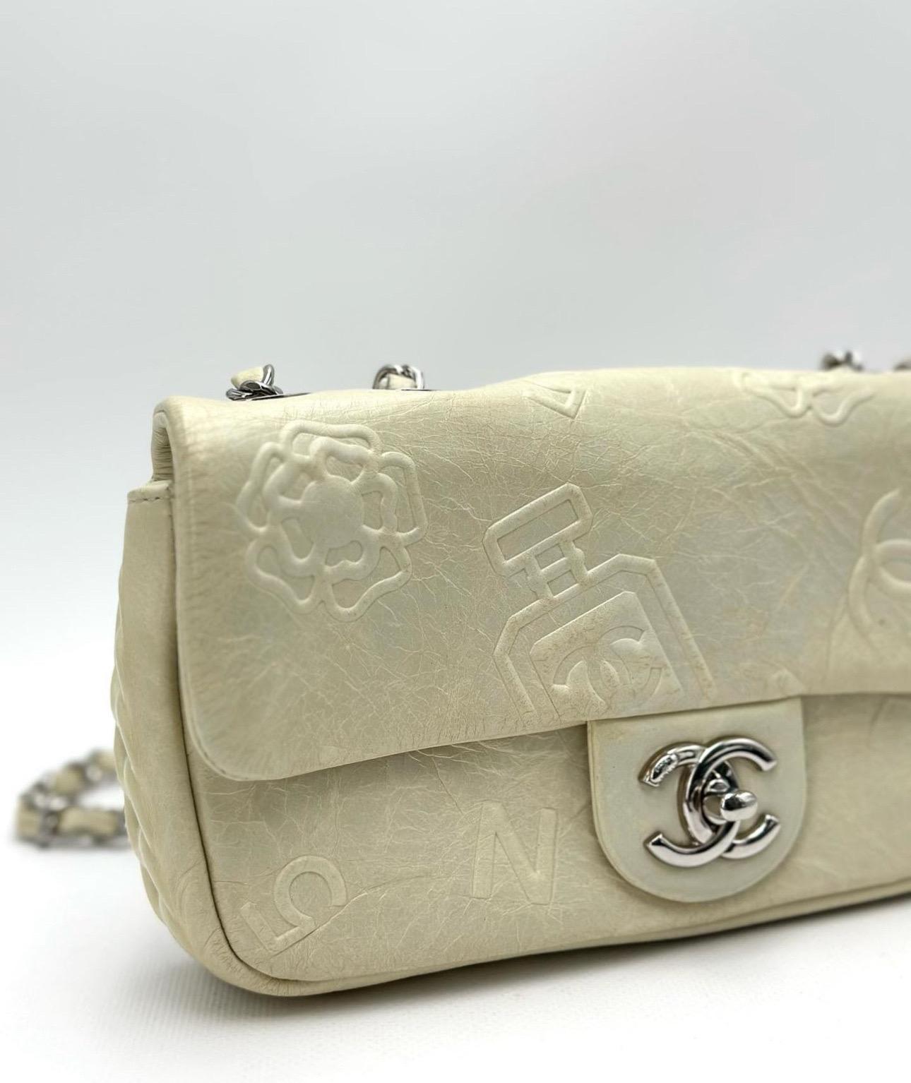 Chanel White Embossed Leather Precious Symbols Small Flap Bag For Sale 12