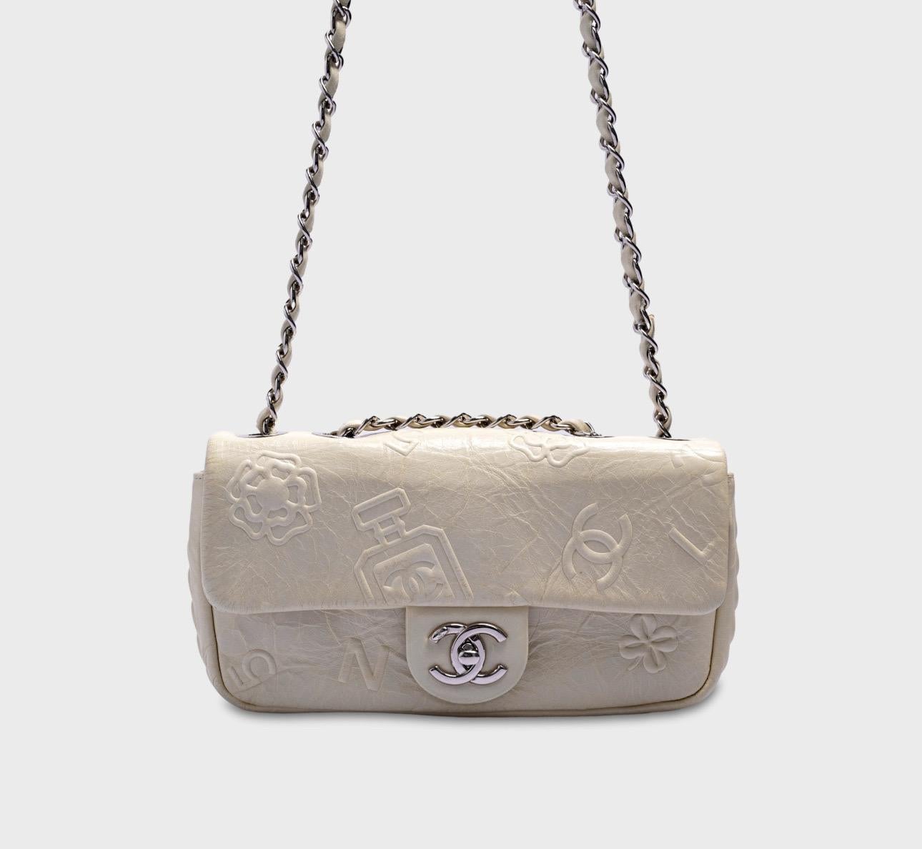 Chanel White Embossed Leather Precious Symbols Small Flap Bag For Sale 14