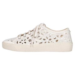 Chanel White Embroidered Leather Sneakers - Size 39.5