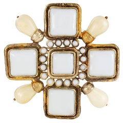 Chanel White Enamel and Pearl Maltese Cross Pin