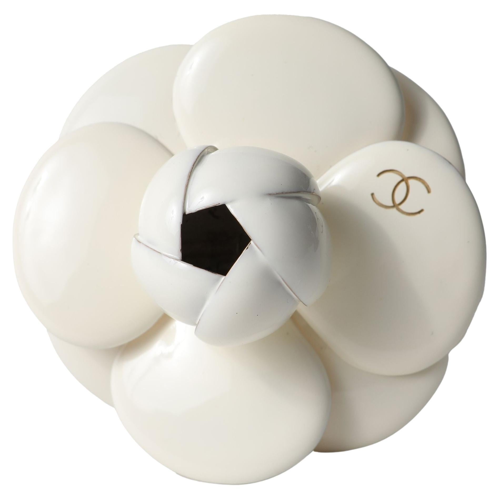 Chanel White Enamel Camellia Brooch