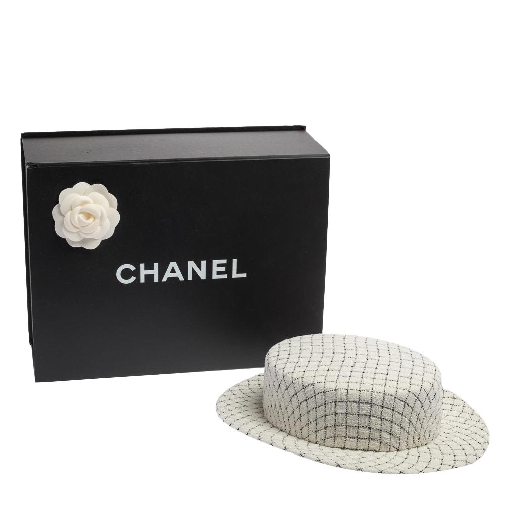 Chanel White Fantasy Tweed Boater Hat L 4