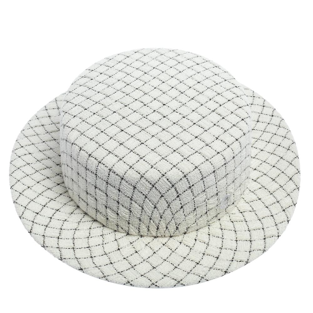 Gray Chanel White Fantasy Tweed Boater Hat L