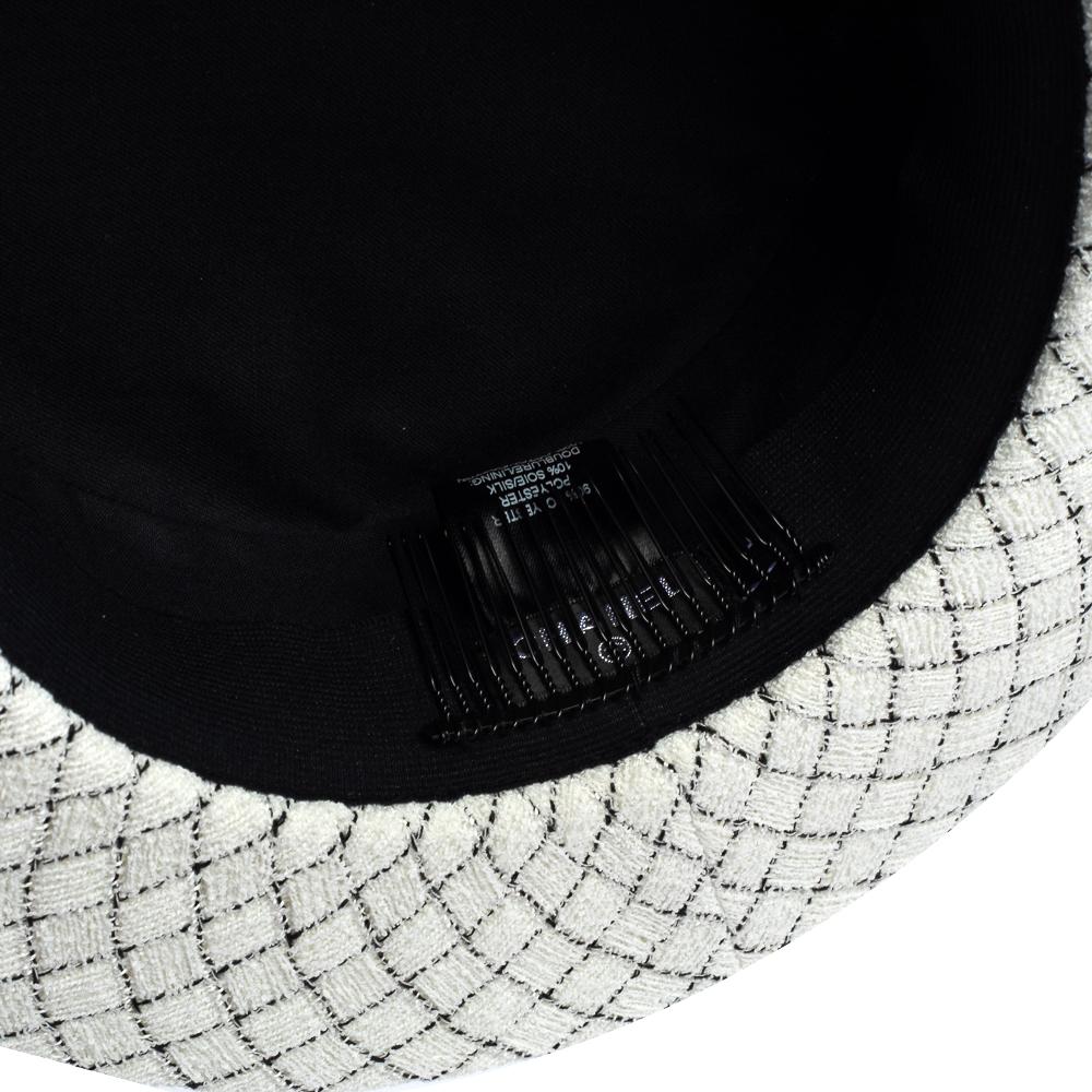 Chanel White Fantasy Tweed Boater Hat L In Good Condition In Dubai, Al Qouz 2