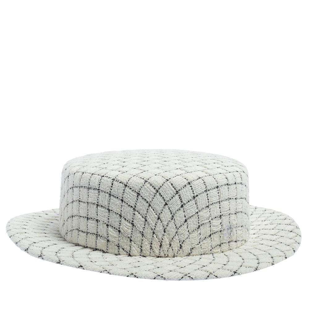 Chanel White Fantasy Tweed Boater Hat L 1