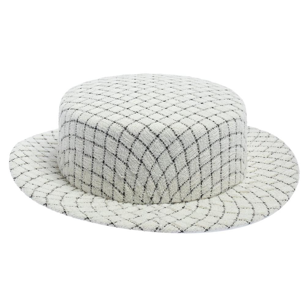 Chanel White Fantasy Tweed Boater Hat L at 1stDibs