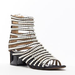CHANEL white faux pearl open toe strappy CC block heel gladiator sandals EU38