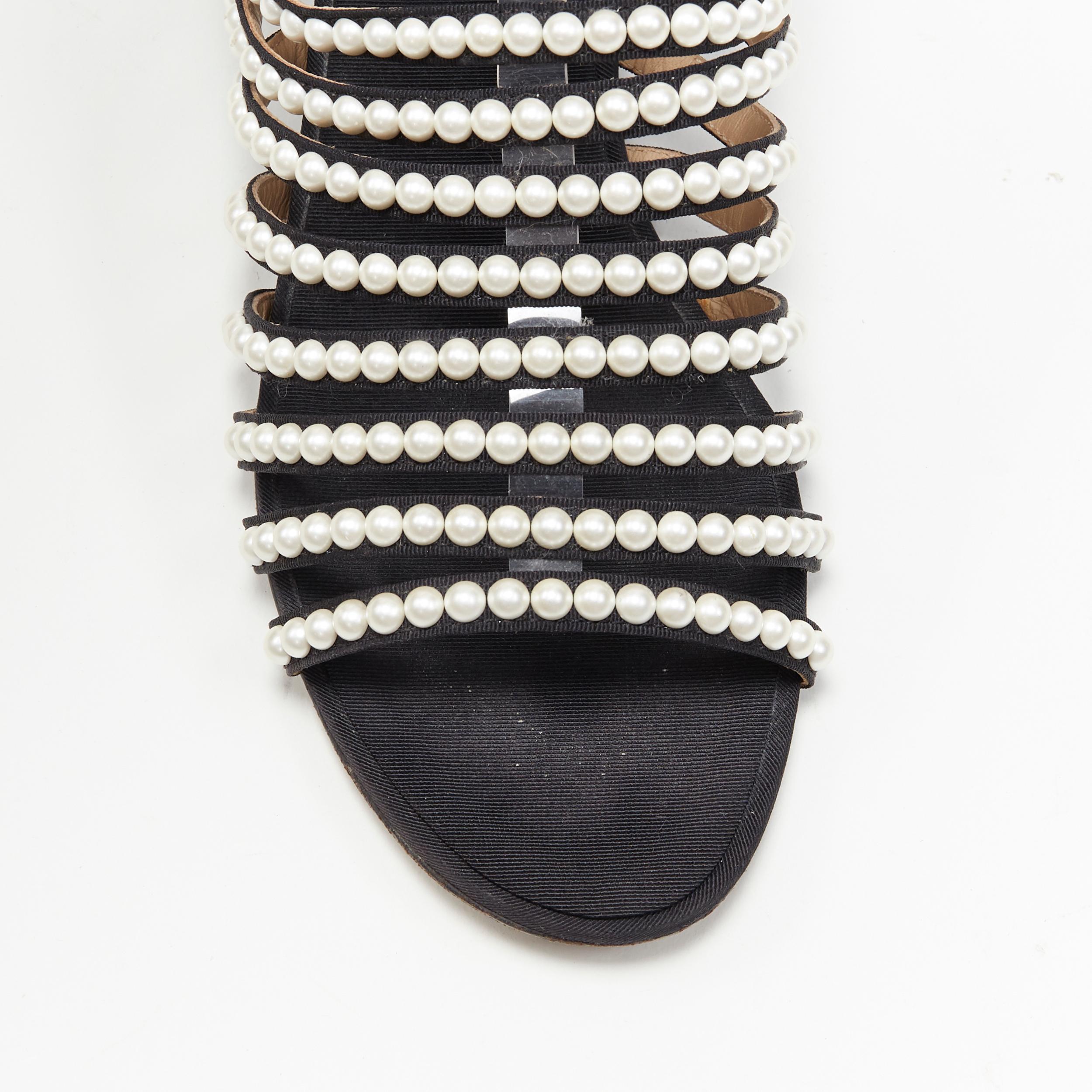 Black CHANEL white faux pearl open toe strappy CC block heel gladiator sandals EU38