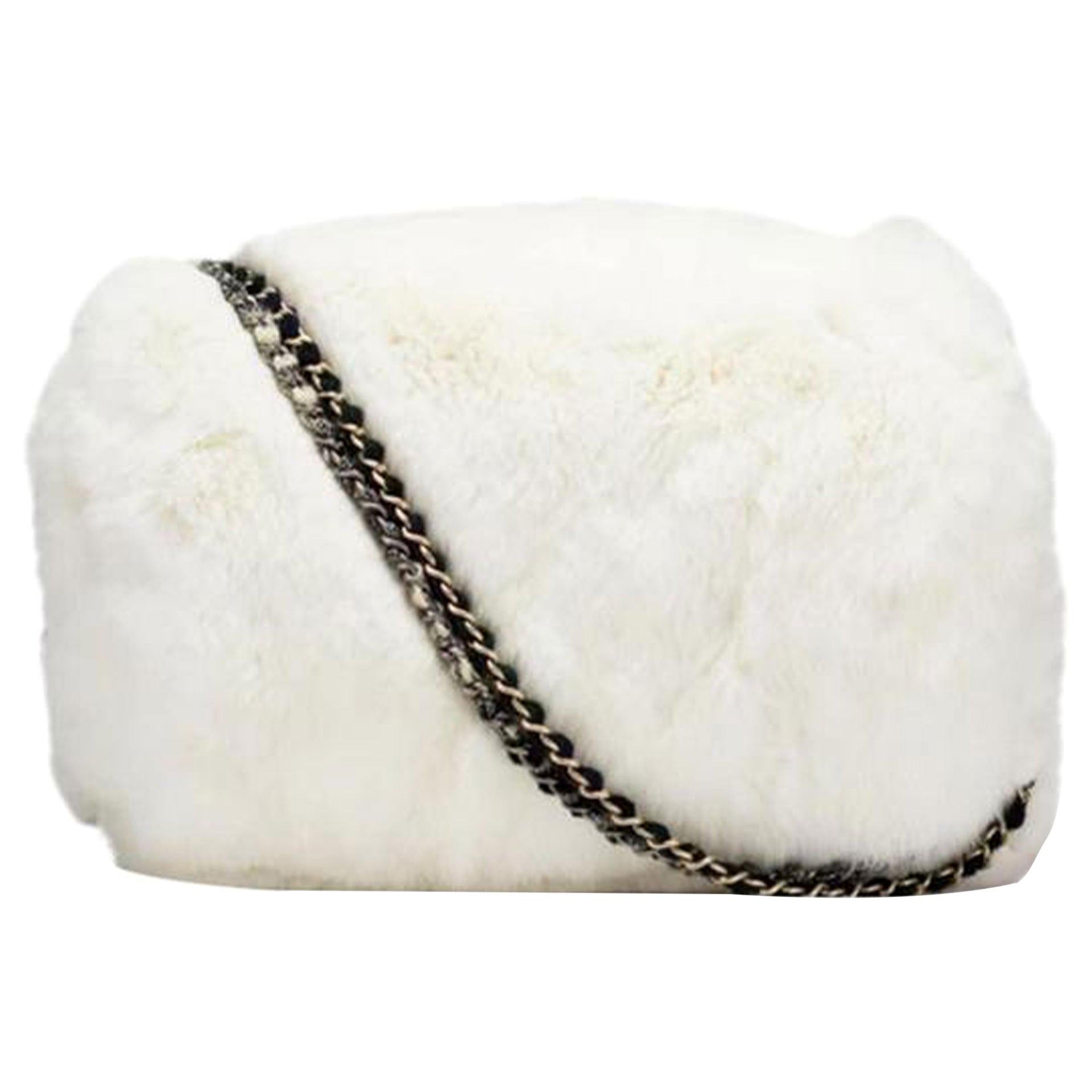 Women's or Men's Chanel White Fur Chain Vintage Muff Crossbody Tote For Sale